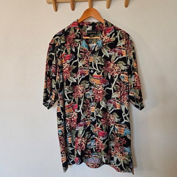 Izod Club Black Hawaiian Shirt L Aloha Car Print Retro 50s Style - Picture 2 of 8